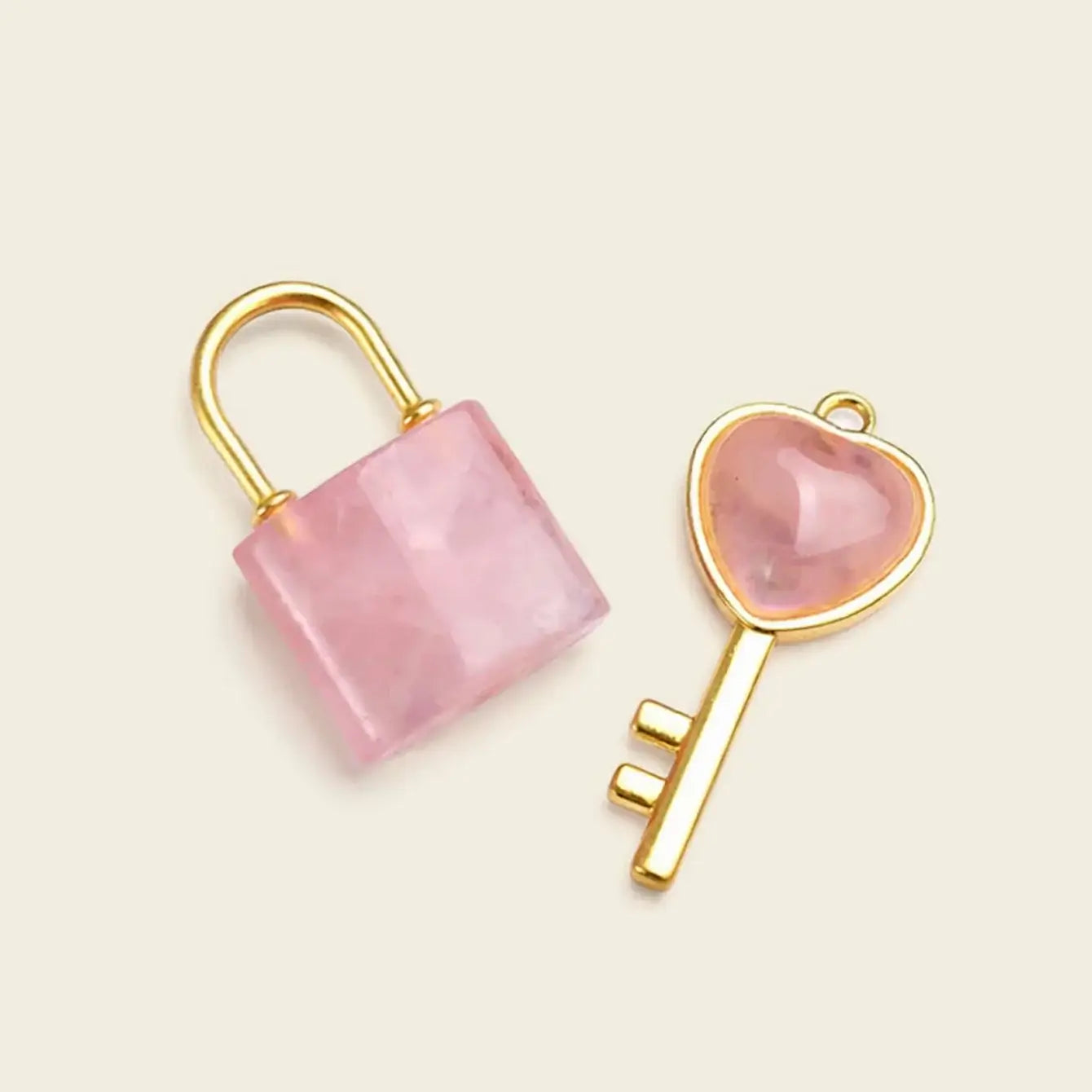 Golden Natural Crystal Heart Key & Lock Couple Pendant Set