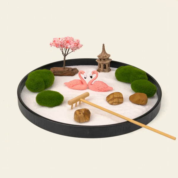 Zenify Zen Garden - Sakura & Flamingos Edition with cherry blossom, decorative stones and mini rake