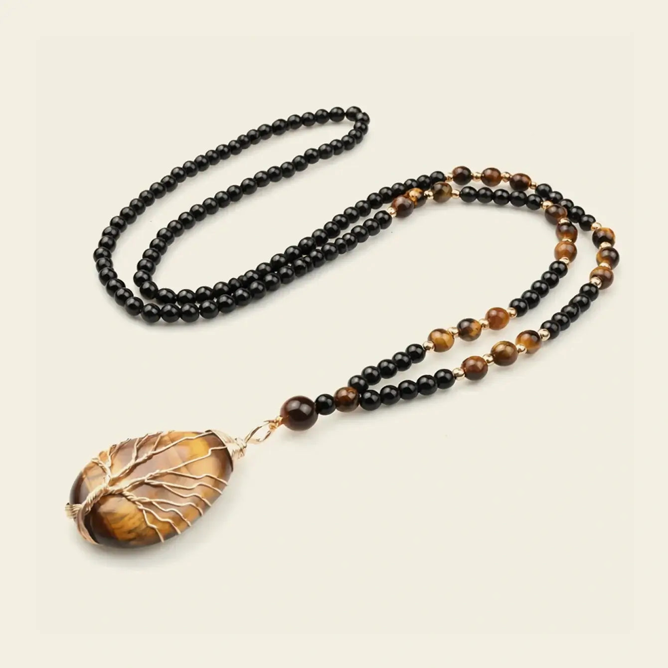Tiger Eye Tree Pendant Obsidian Long Necklace