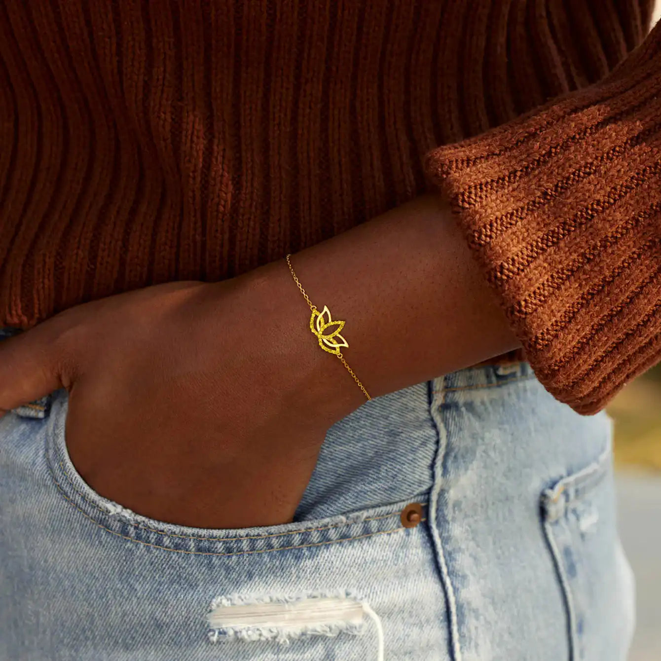 Model wearing the Double-Layer Lotus | S925 Sterling Silver Zircon Bracelet, showcasing elegant lotus design.