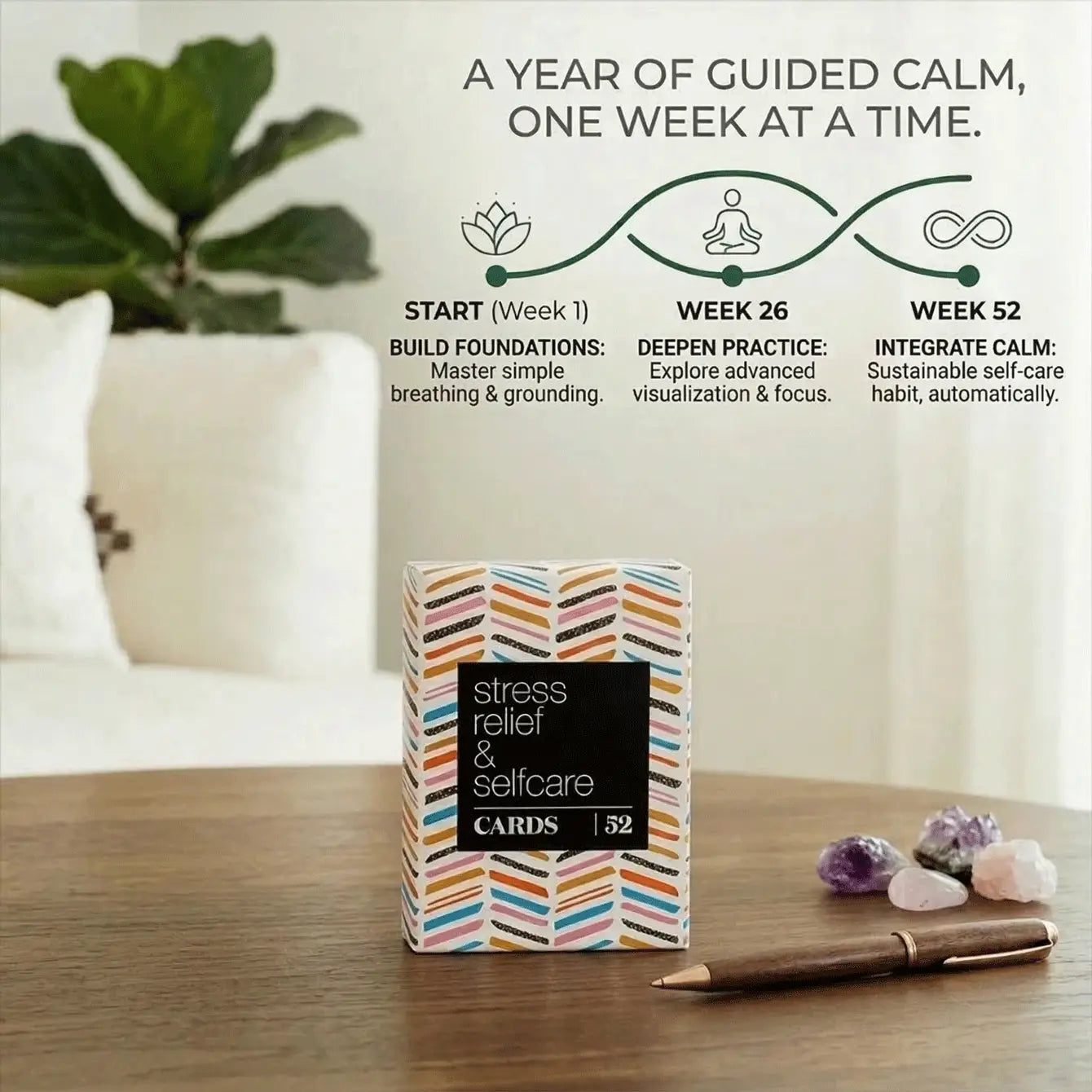 52 Self Care Cards for mindfulness and stress relief, featuring guided calm practices for each week.