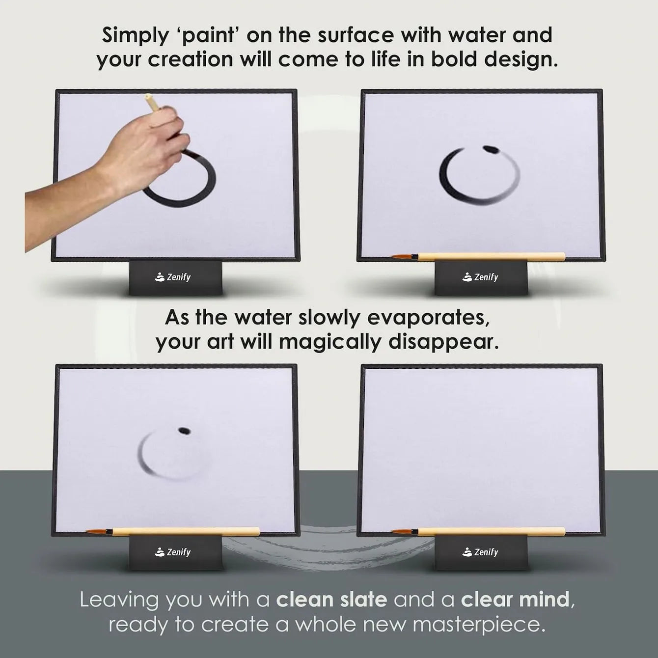 Flow Water Painting Board showing a hand painting with water, illustrating mindfulness and art disappearing as it evaporates.