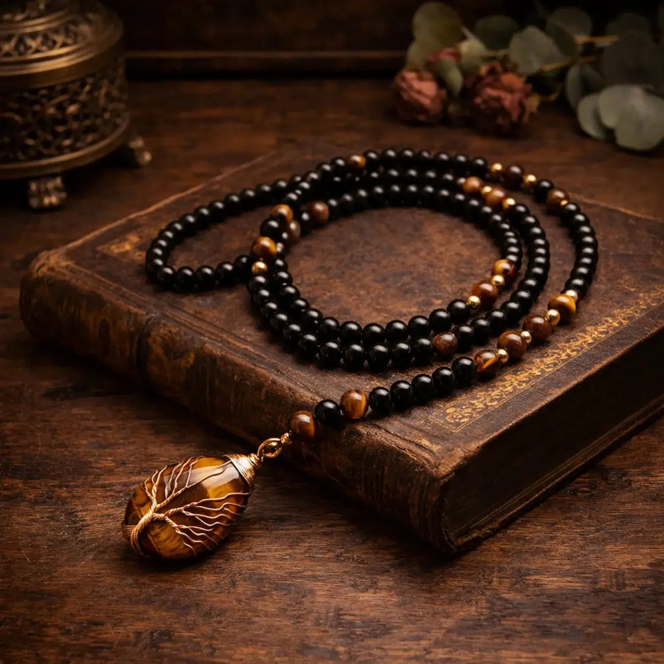 Tiger Eye Tree Pendant Obsidian Long Necklace