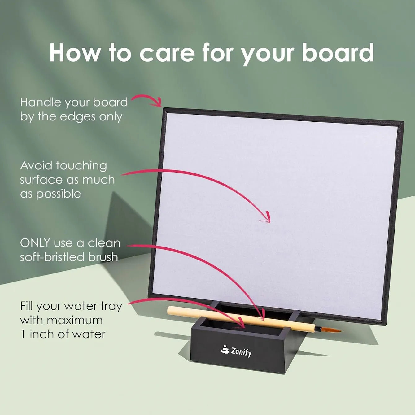 Instructions on how to care for your Water Painting Board, including handling tips and maintenance advice.