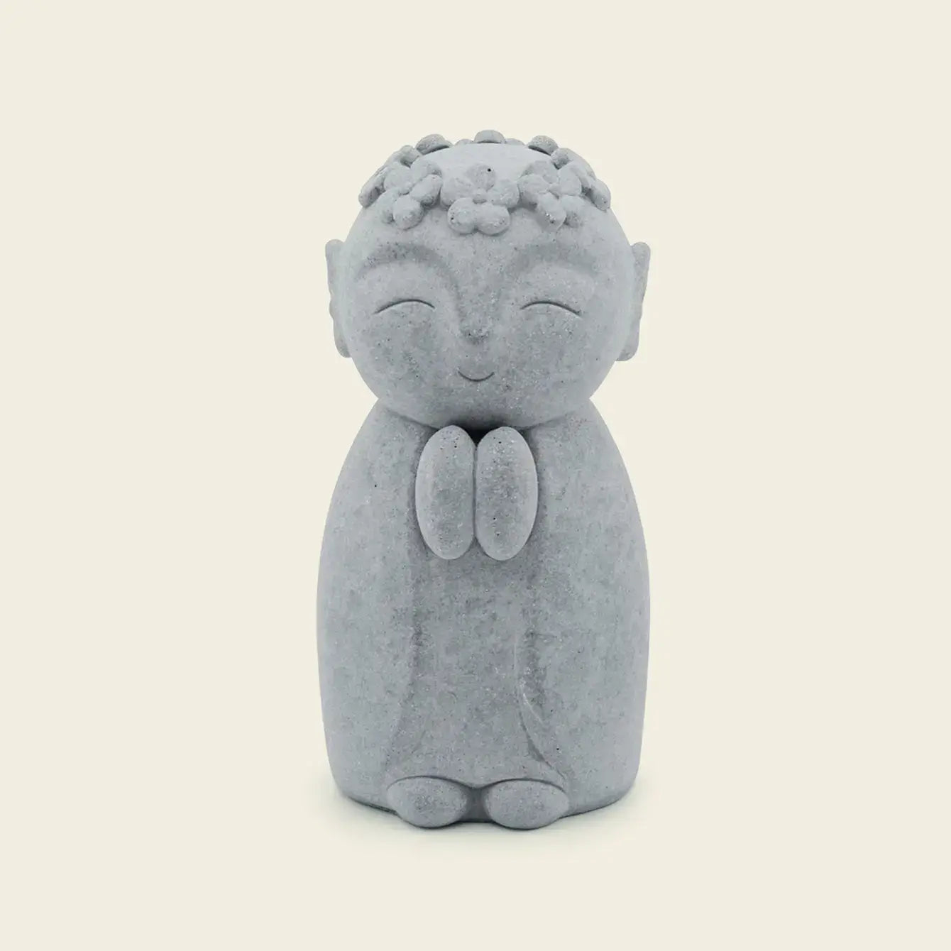 Zen-Stone Jizo Monk Cement Figurine in gray, featuring a serene face and prayerful pose.