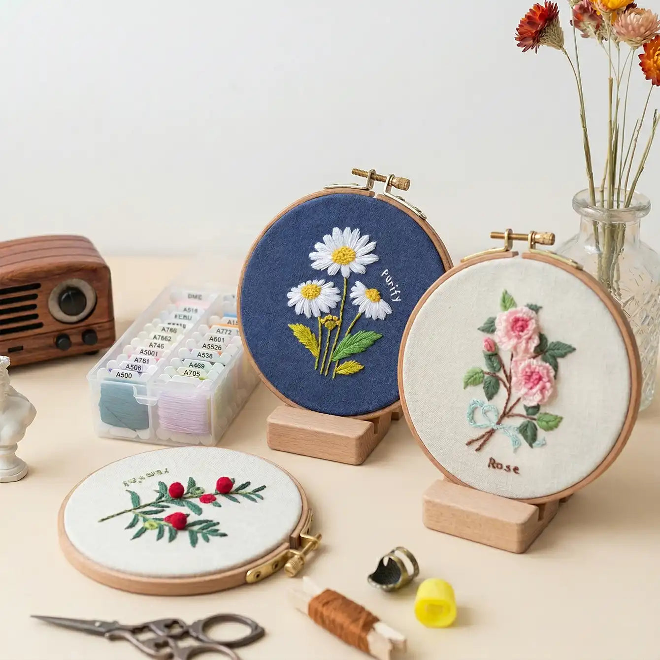 5-Hour Mindfulness Embroidery Kit: Floral DIY with Wood Stand