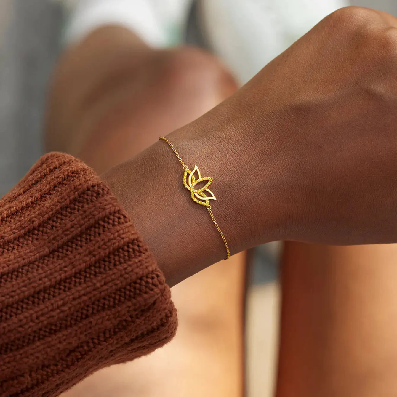 Double-Layer Lotus | S925 Sterling Silver Zircon Bracelet worn on wrist with a lotus design