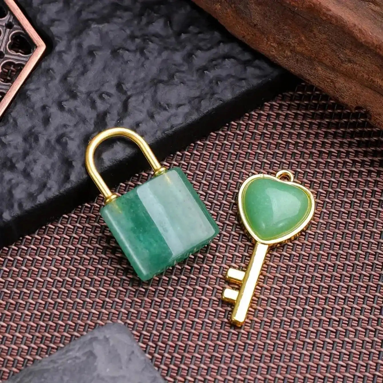 Golden Natural Crystal Heart Key & Lock Couple Pendant Set