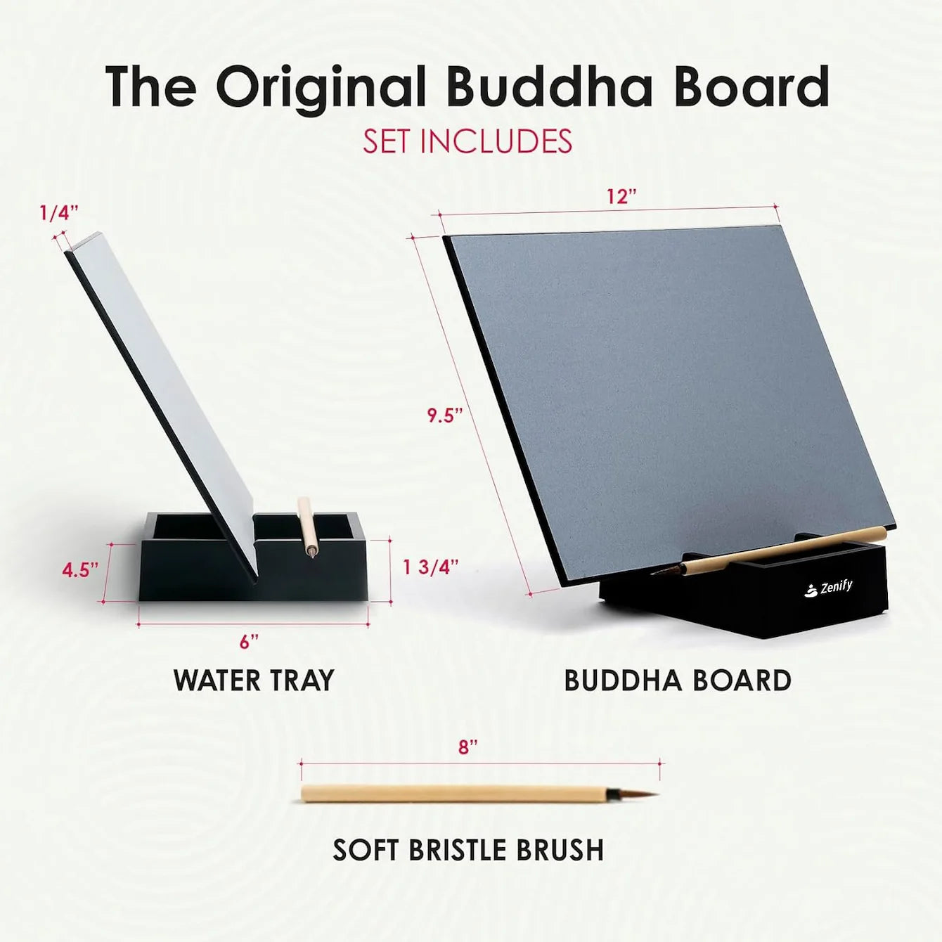Dimensions and components of the Flow Water Painting Board set, featuring the Buddha Board, water tray, and soft bristle brush.