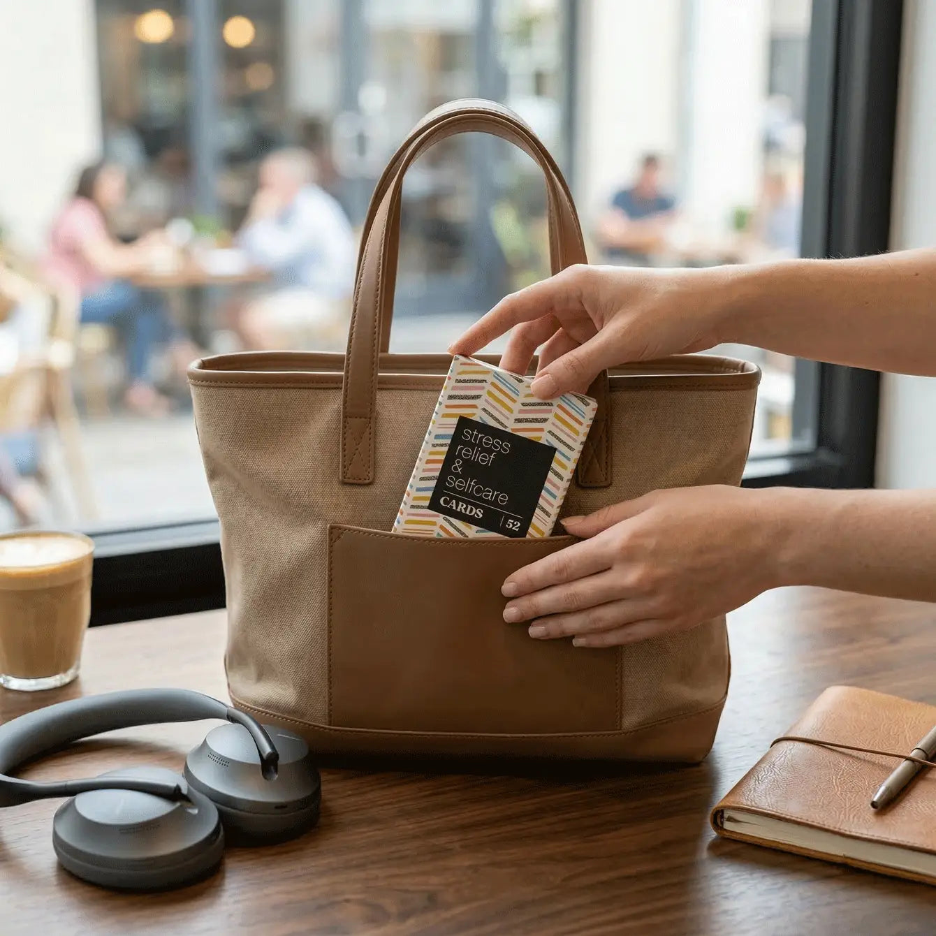 Person taking out Self Care Cards from a tote bag at a cafe table.