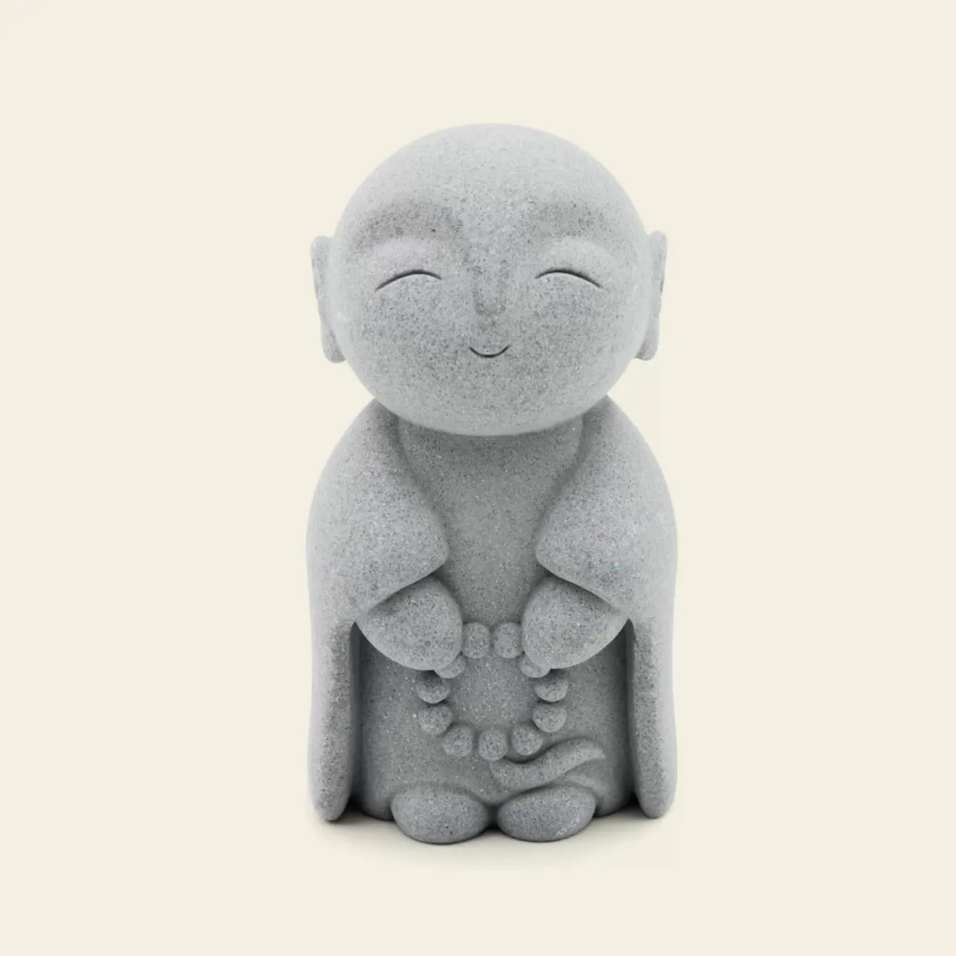 Zen-Stone Jizo Monk cement figurine smiling with hands together, perfect for home decor or gifts.