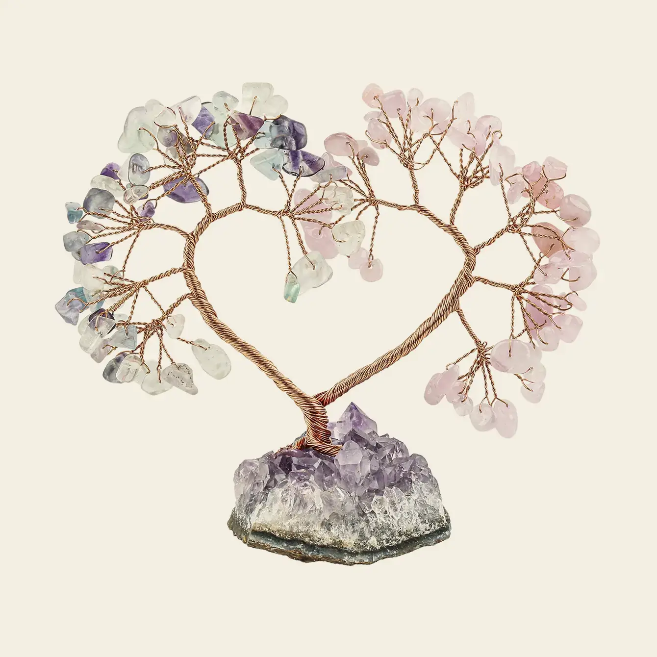 Natural Crystal Heart Tree on Raw Stone Base