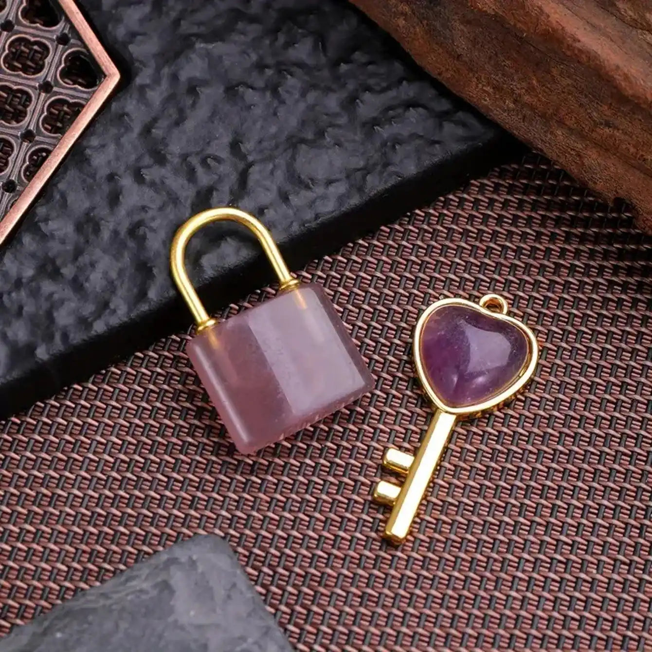 Golden Natural Crystal Heart Key & Lock Couple Pendant Set