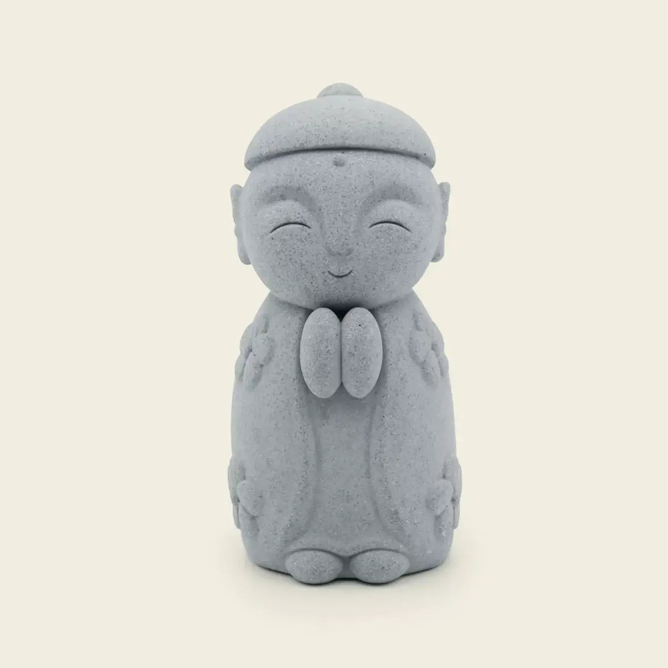 Zen-Stone Jizo Monk cement figurine with a smiling face and clasped hands, perfect for home decor.
