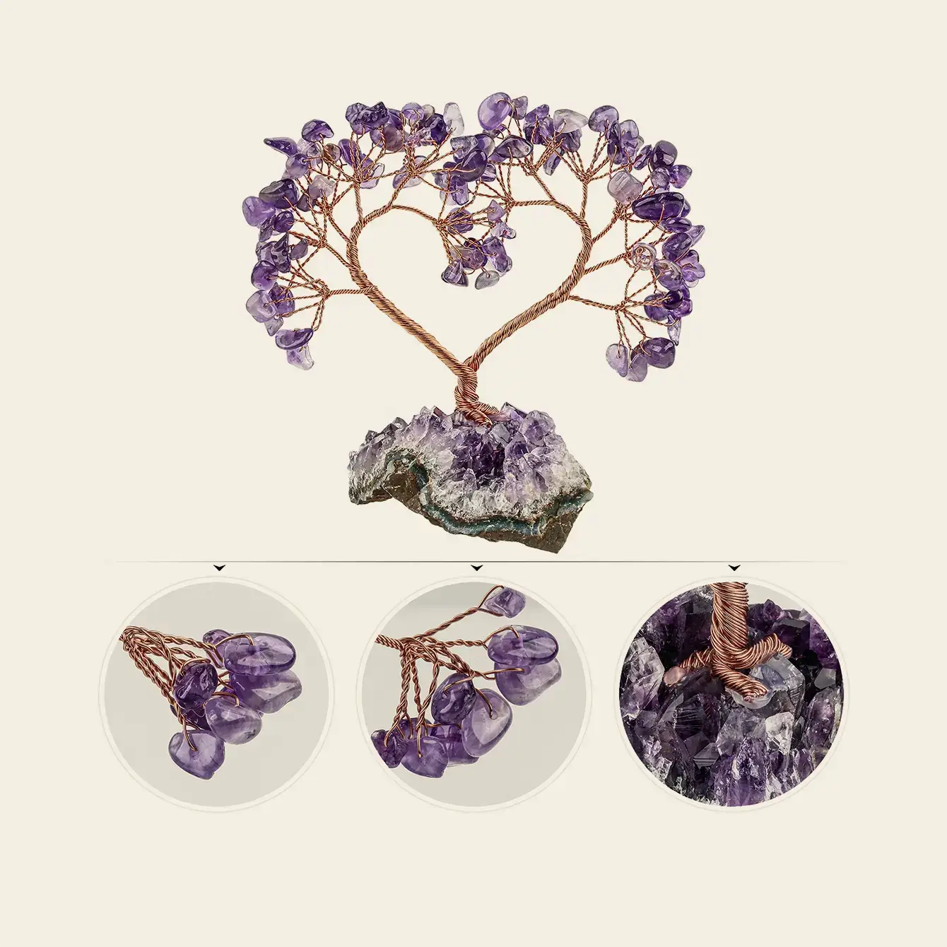 Natural Crystal Heart Tree on Raw Stone Base
