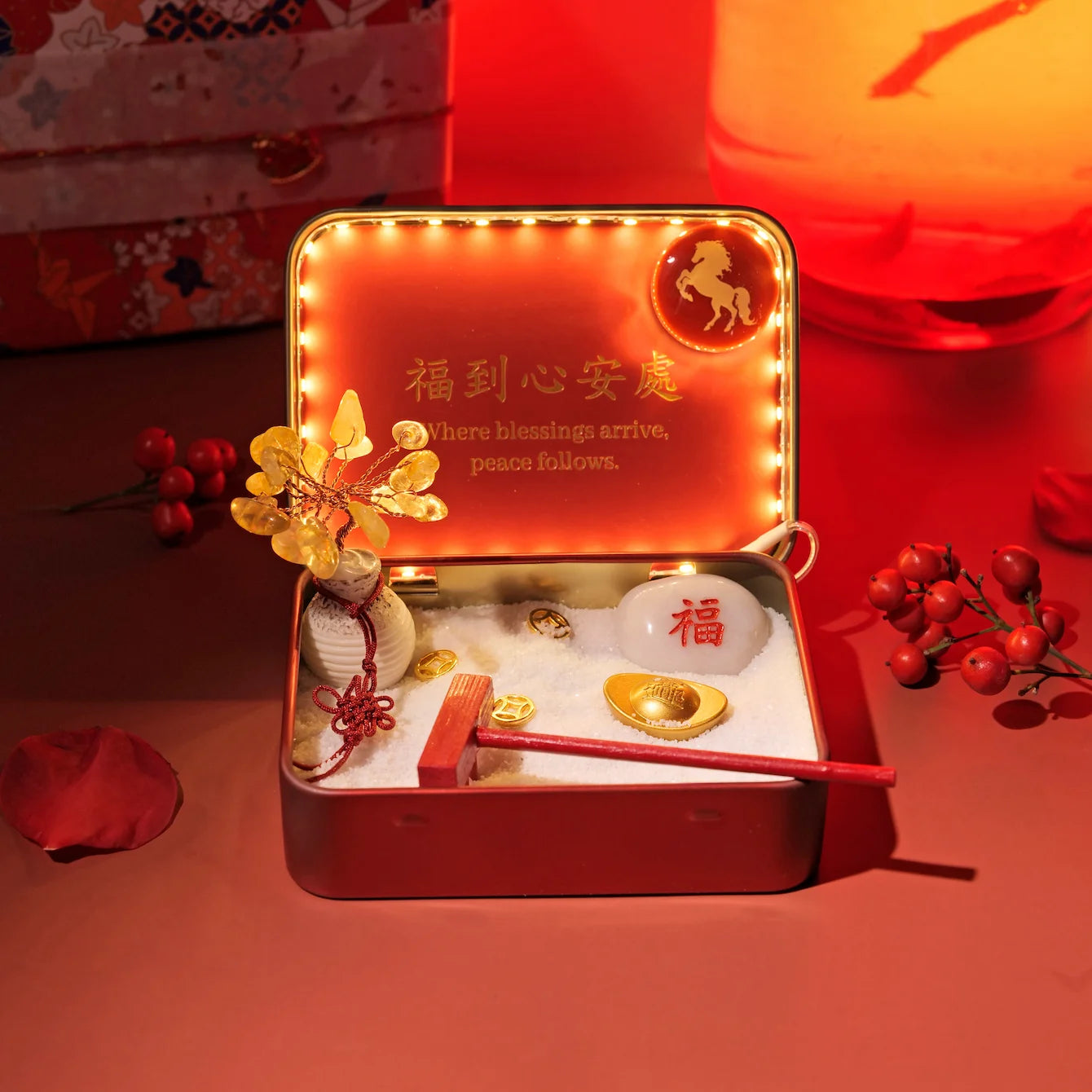 New Year Crystal Zen Garden featuring a citrine tree and symbolic elements for prosperity and peace.