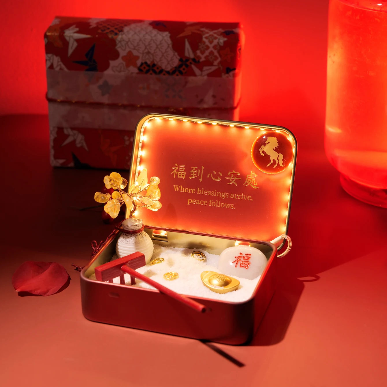New Year Crystal Zen Garden with decorative elements symbolizing peace and prosperity in a red box, 2026 Year of the Horse Edition.