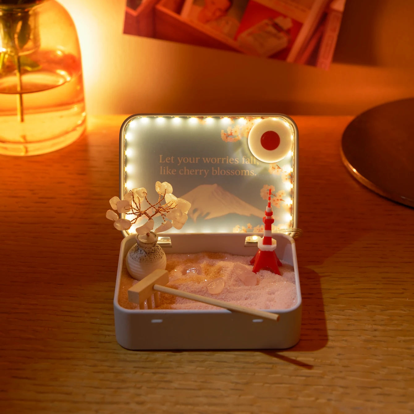 Tokyo Sakura Crystal Zen Garden with decorative elements and lights for stress relief decor.