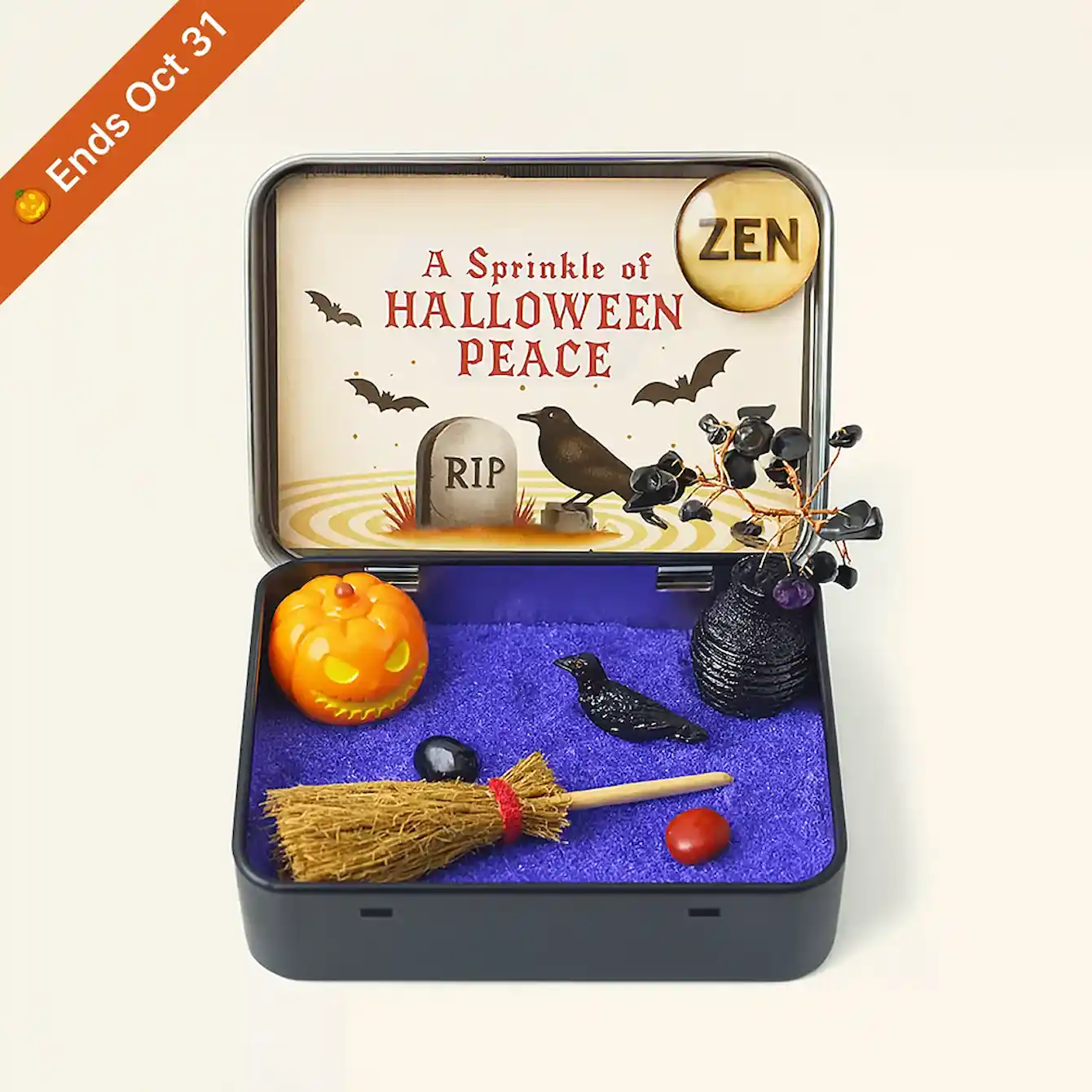 Zenify Halloween Obsidian Pocket Garden tin with crystal, mini pumpkin, raven, and broom for calming October decor.