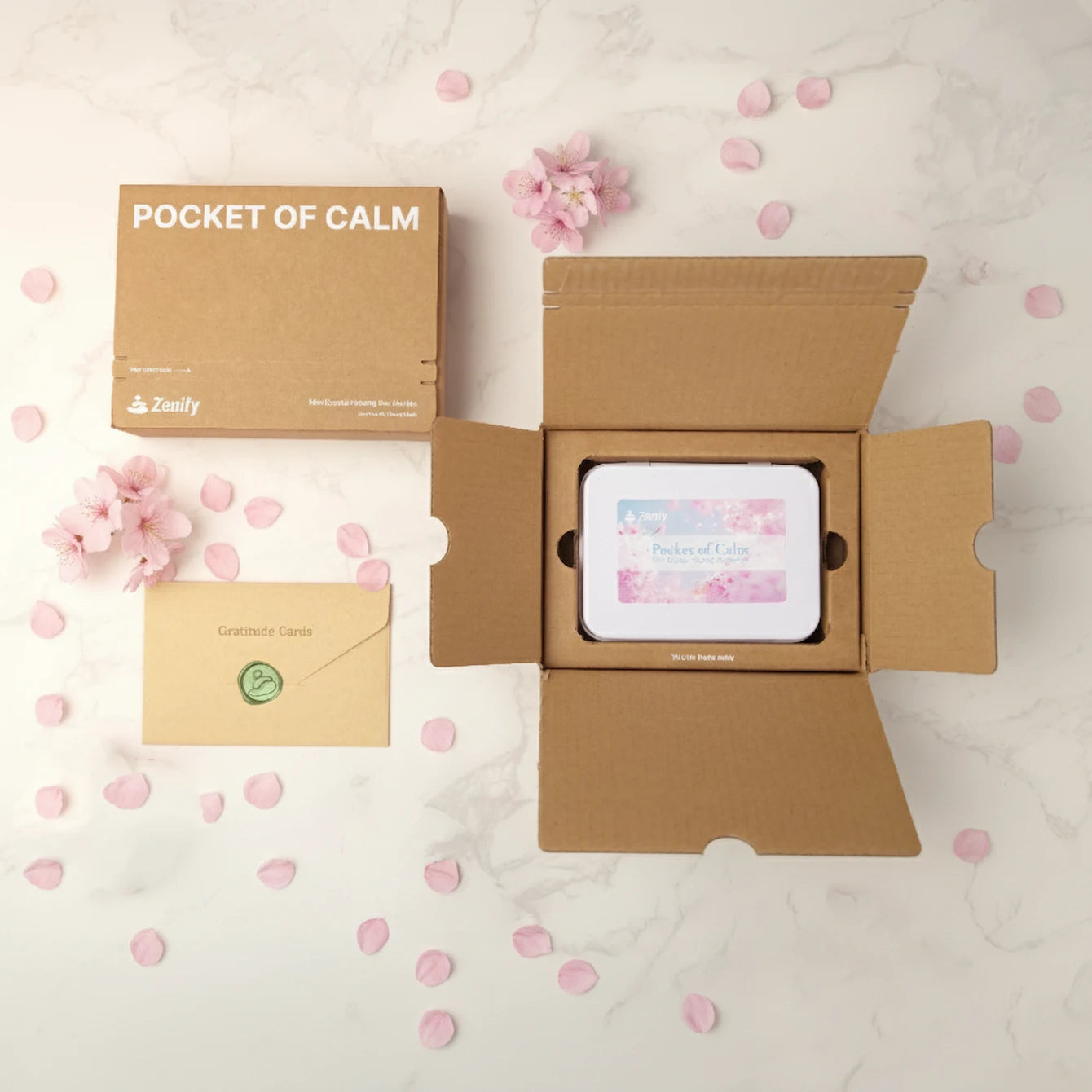Tokyo Sakura Crystal Zen Garden kit packaging open with included calming items and cherry blossom petals.