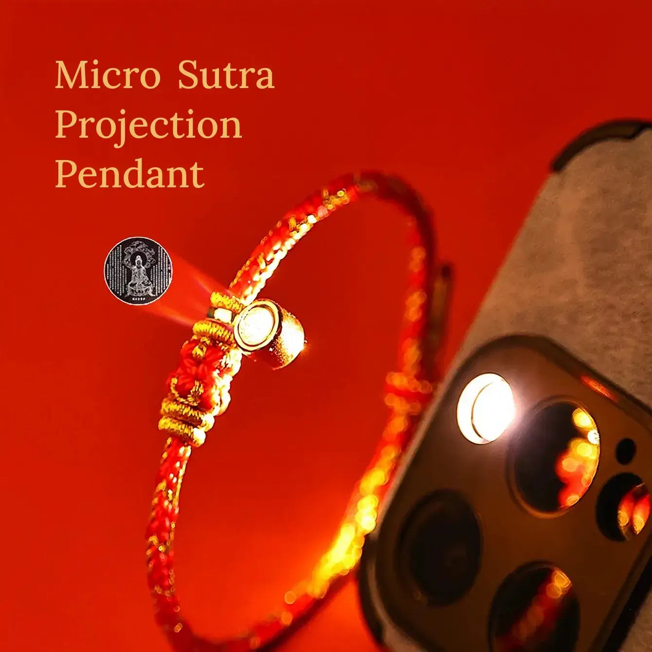 Close-up of the Zenify™ Sutra Light Knot bracelet, featuring a Micro Sutra Projection Pendant.