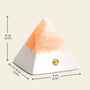 Mineral pyramid stone lamp dimensions showing 8 cm height and base, featuring a soft glow for calming ambiance.
