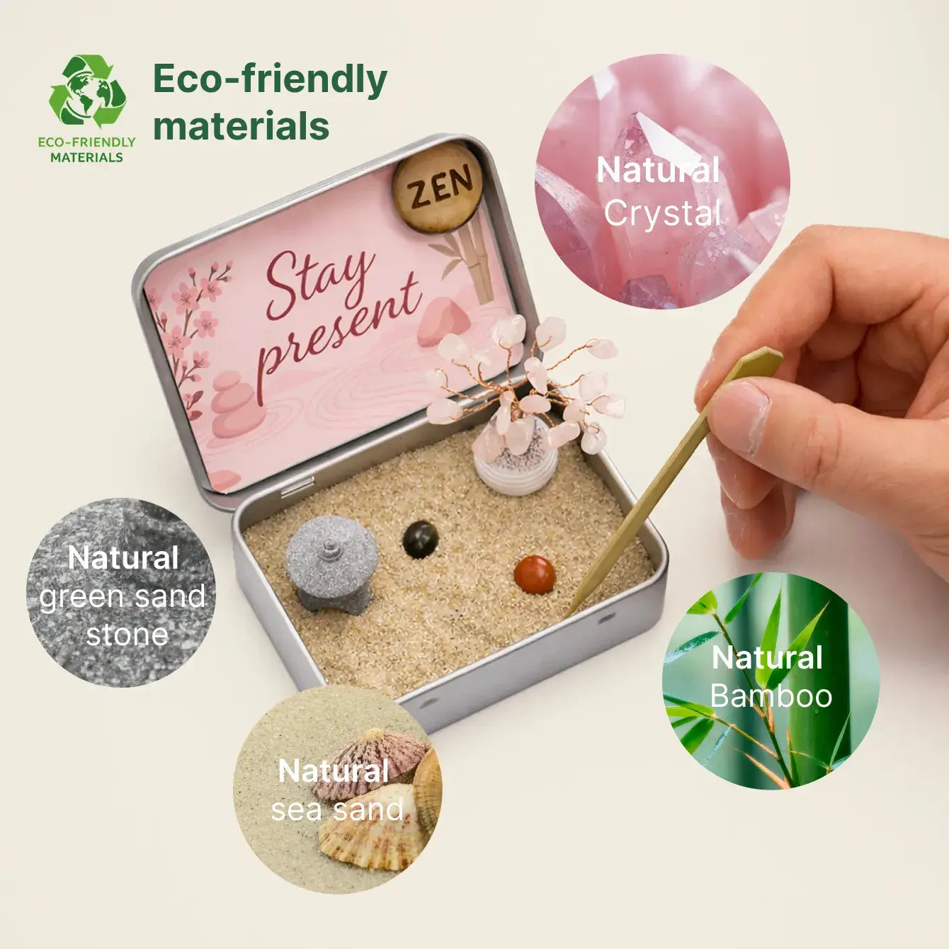 Japanese Crystal Zen Garden with eco-friendly materials including natural crystal, sand, and bamboo.