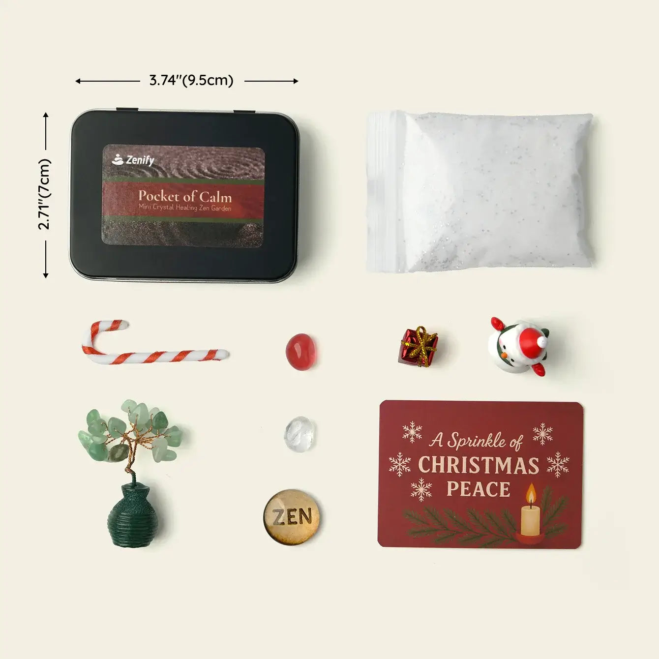 Zenify™ Christmas Zen Pocket Garden — a festive mini Zen set with a green aventurine tree, snowman, gift box, candy cane, and healing crystals on white sand.