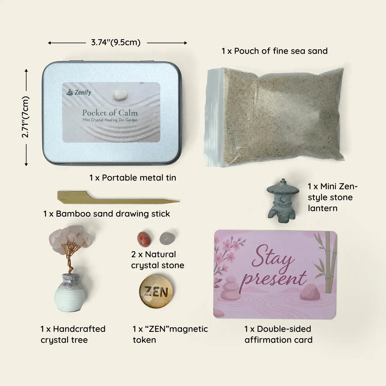 Japanese Crystal Zen Garden kit including metal tin, fine sea sand, Zen stone lantern, and crystal tree.