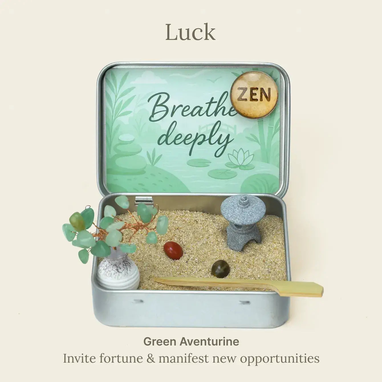 Zenify™ Japanese Crystal Zen Garden with green aventurine, scoop, and decorative elements for meditation and stress relief.