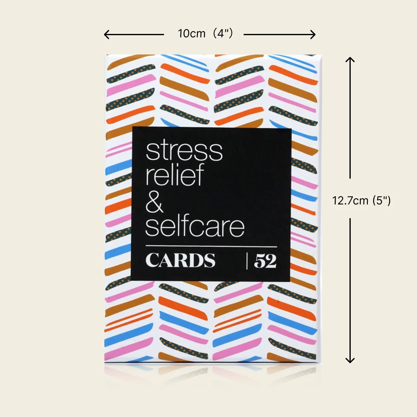 52 Self Care Cards for stress relief and selfcare, featuring colorful design and dimensions for mindfulness practices.