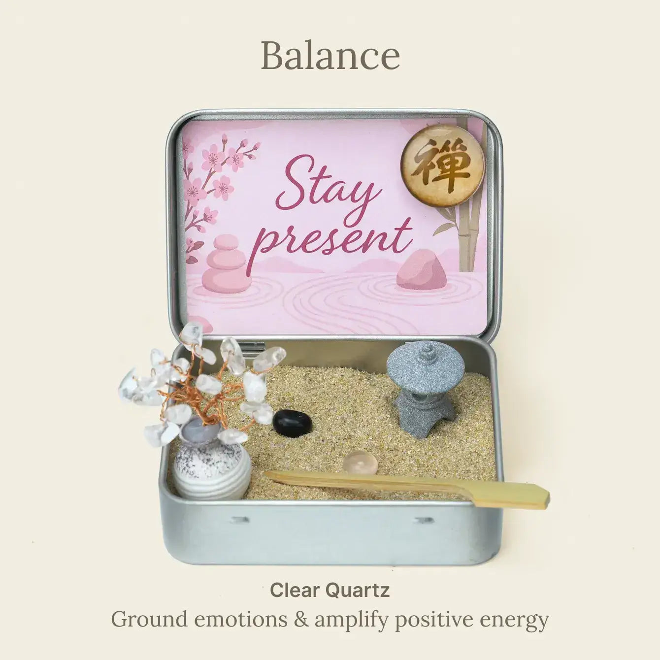 Zenify™ Japanese Crystal Zen Garden featuring Clear Quartz for grounding emotions and amplifying positive energy.