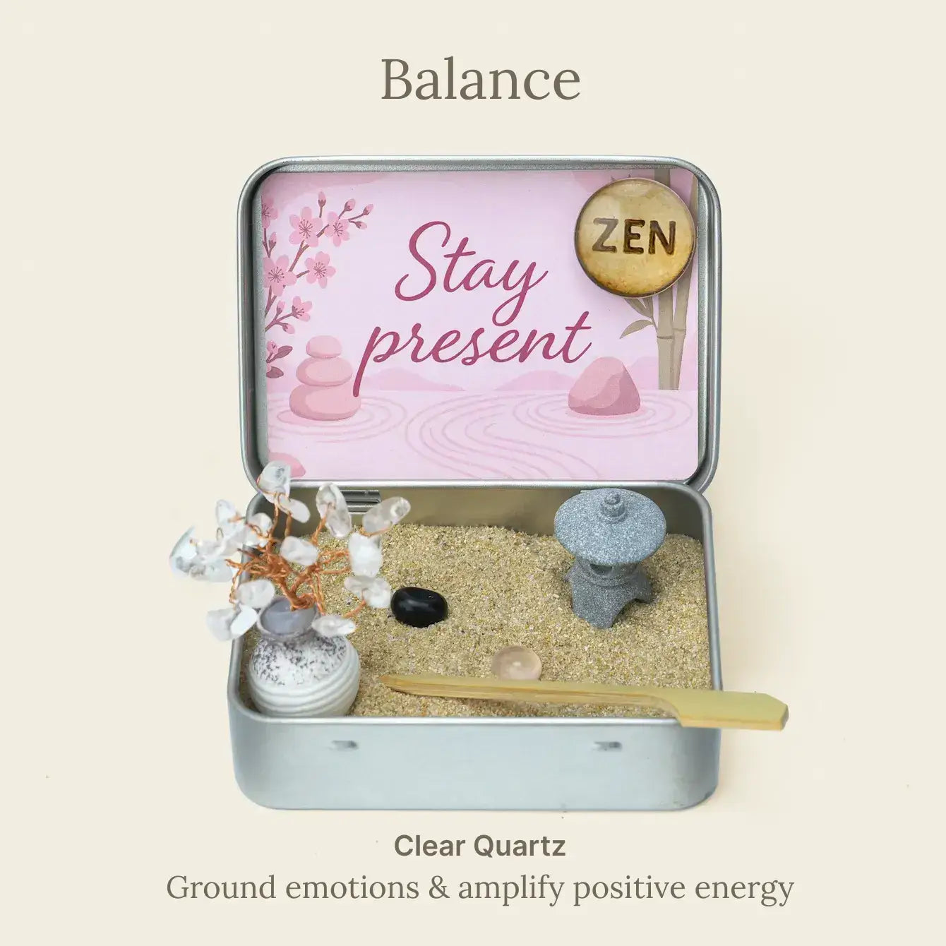 Zenify Japanese Crystal Zen Garden in a tin with quartz crystals for meditation and stress relief.