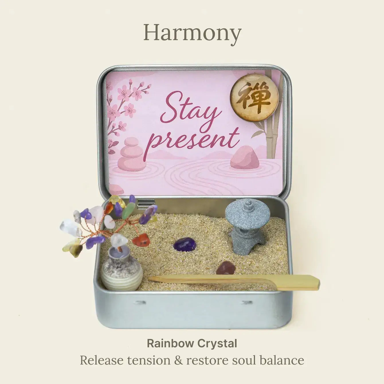 Japanese Crystal Zen Garden featuring rainbow crystals for meditation and stress relief.