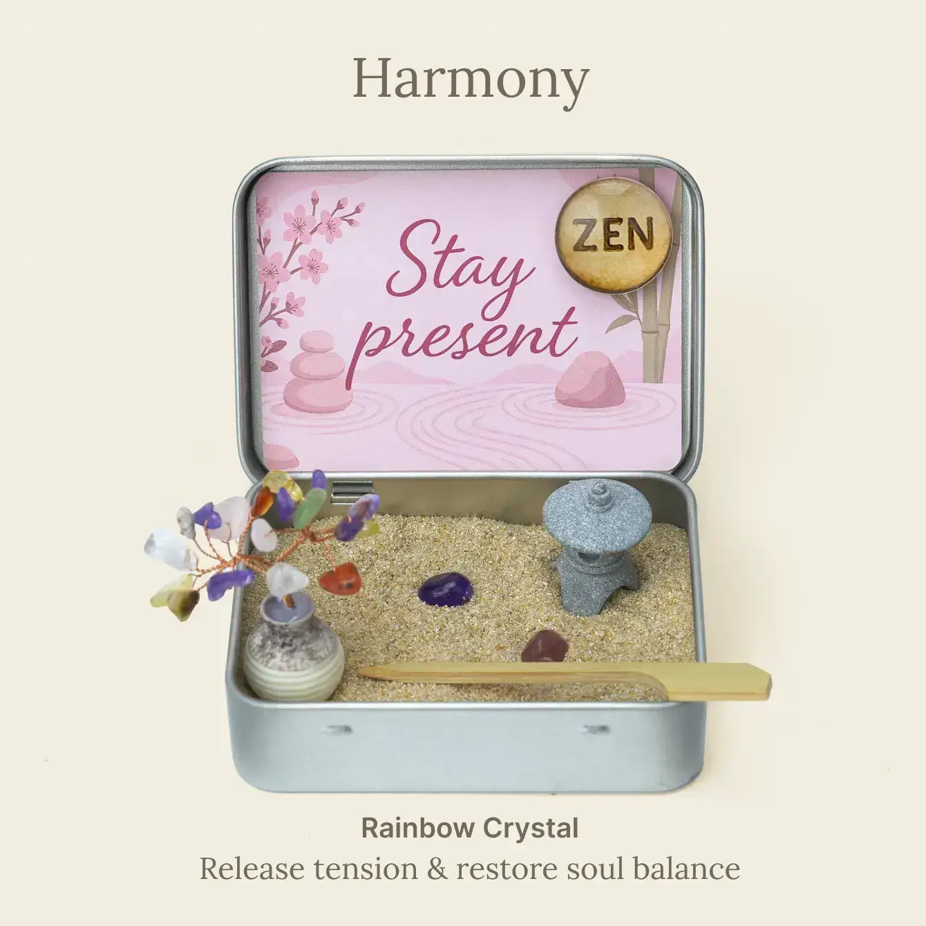 Japanese Crystal Zen Garden in a decorative tin for meditation and stress relief.