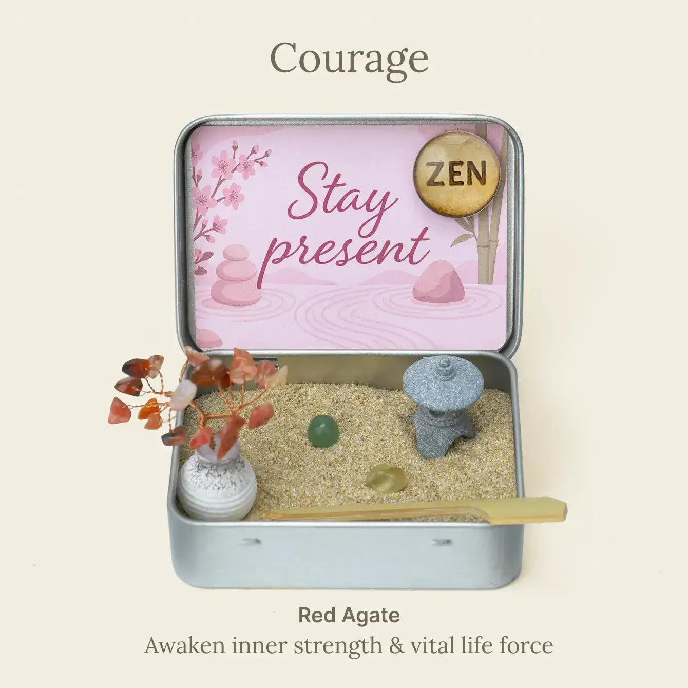 Zenify™ Japanese Crystal Zen Garden featuring red agate, sand, and zen stones for meditation and stress relief.