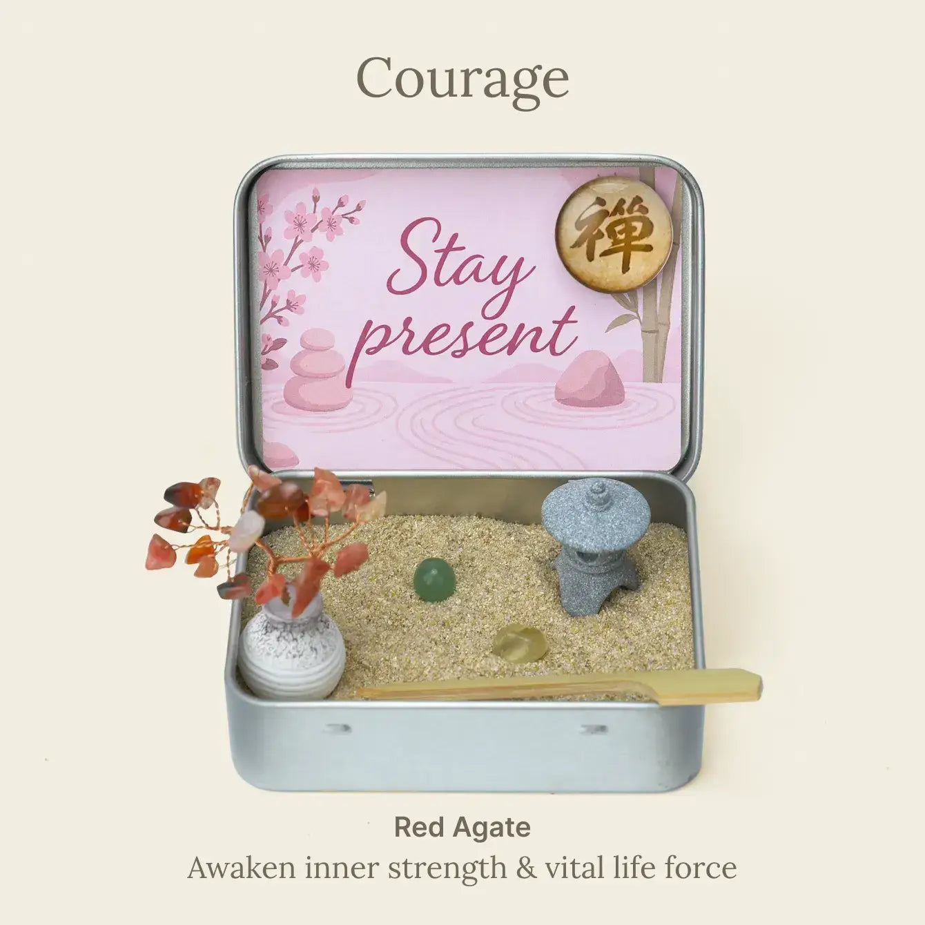 Japanese Crystal Zen Garden with red agate, calming sand, and decorative elements for meditation and stress relief.