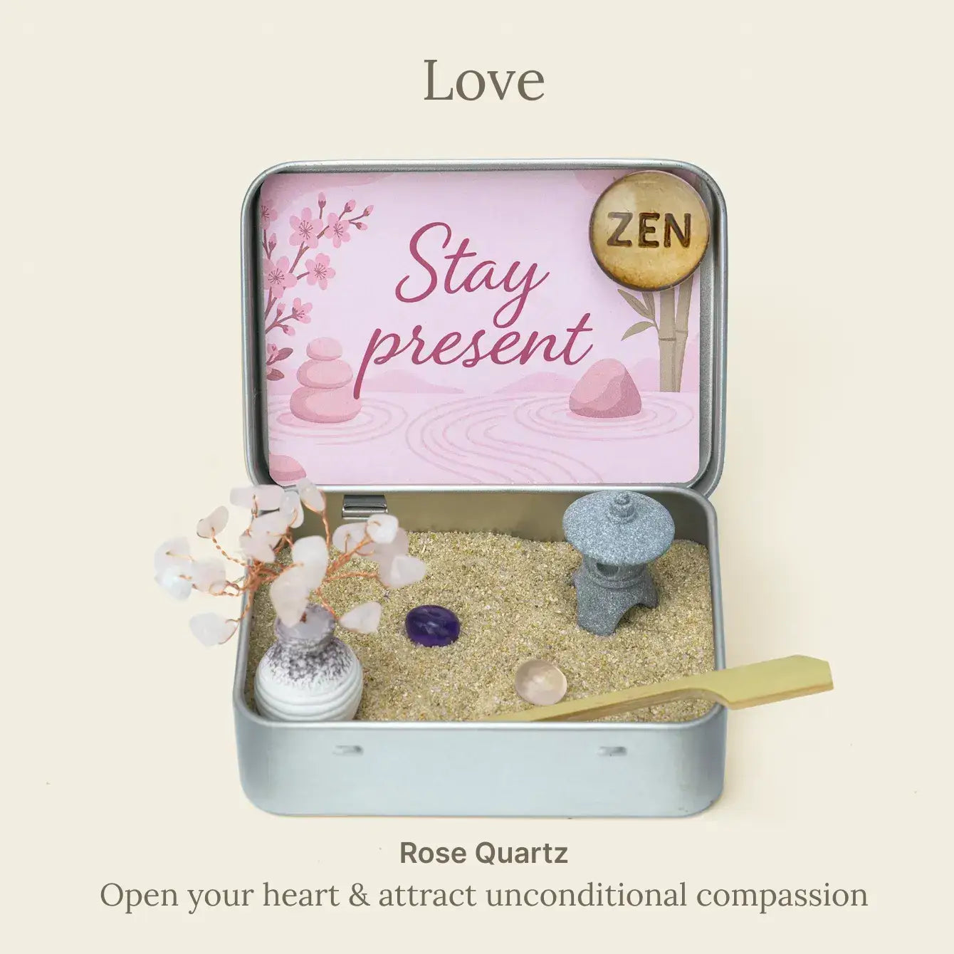 Zenify™ Japanese Crystal Zen Garden featuring rose quartz, perfect for meditation and stress relief.