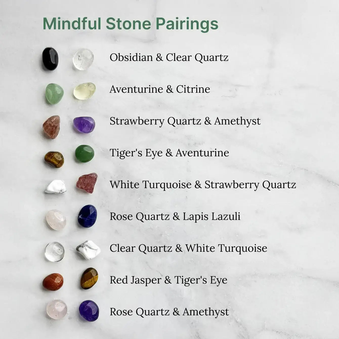 Mindful stone pairings chart featuring various crystal combinations for meditation and healing.