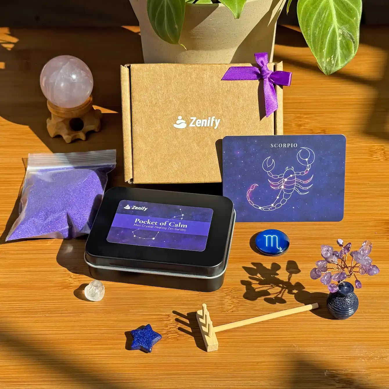 Scorpio Crystal Zen Garden – Zenify Pocket of Calm with amethyst tree, deep-violet sand, and zodiac-themed elements.