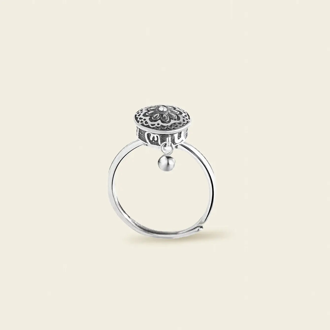 Zenify™ Silver Mantra Ring – Six Syllable Prayer Wheel, handcrafted sterling silver design.