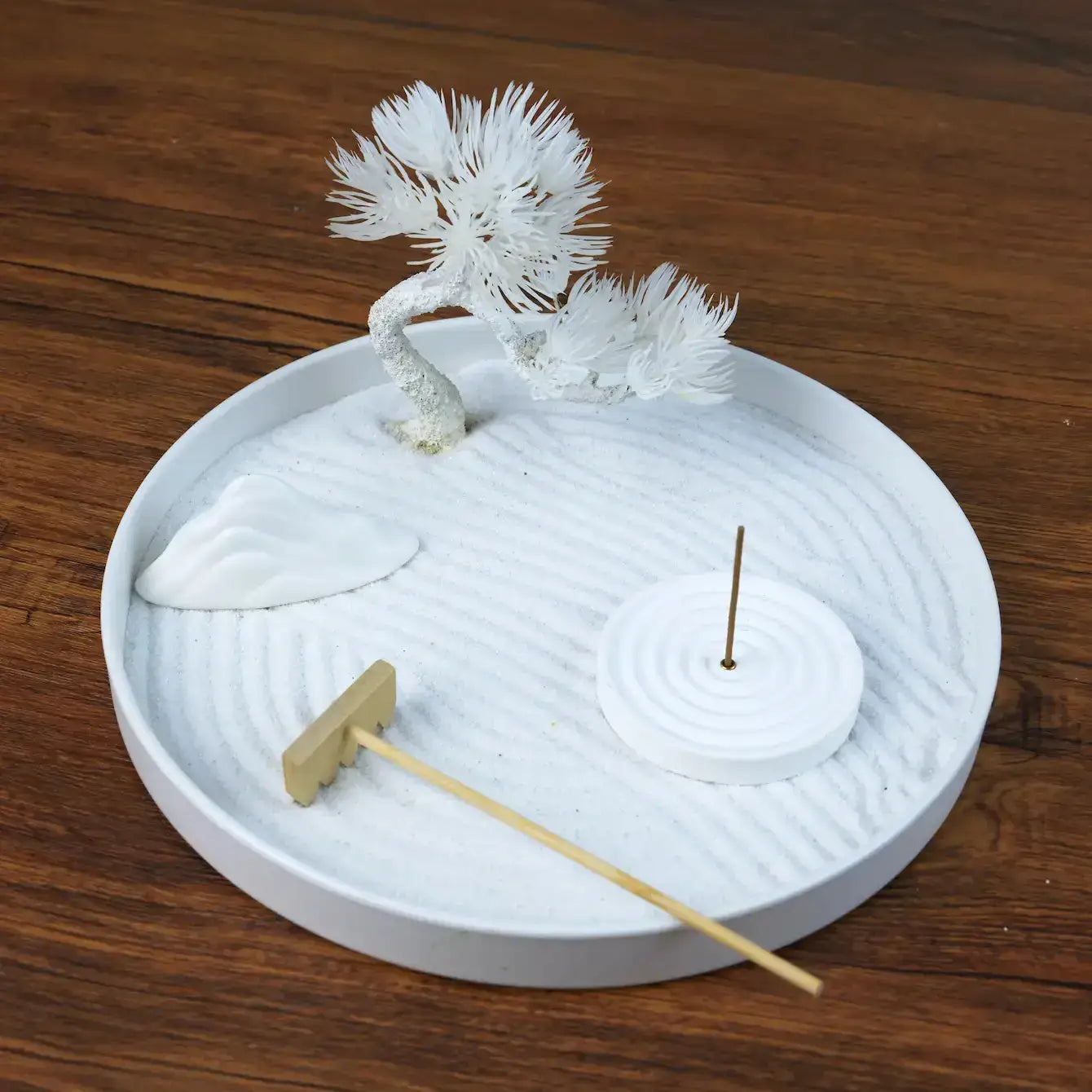 Zenify™ White Stillness Garden – Mini Zen Tray with Incense Holder Zenify