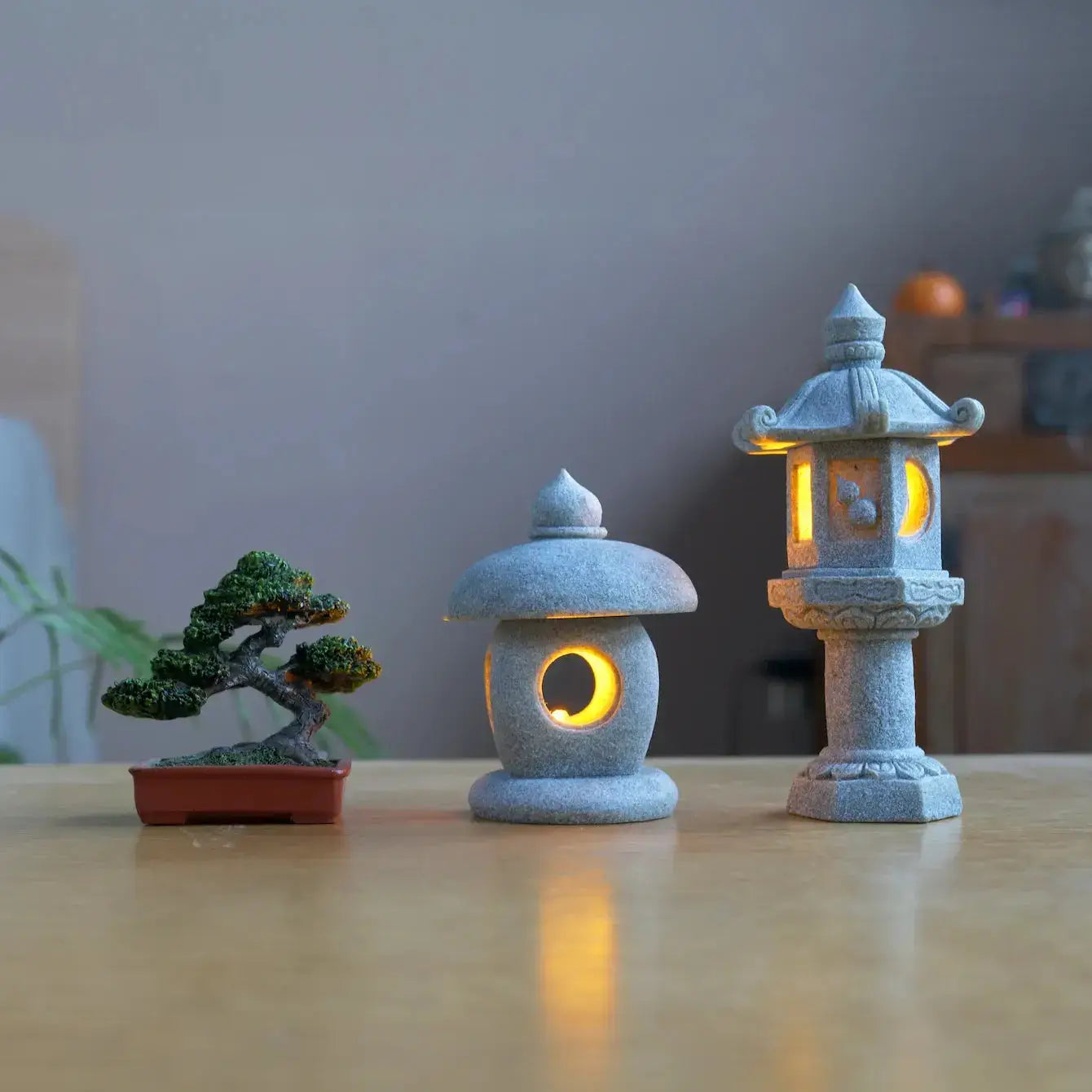 Zenify™ Tranquil Trio – Resin Bonsai & Stone Lantern Set for Zen Decor Zenify