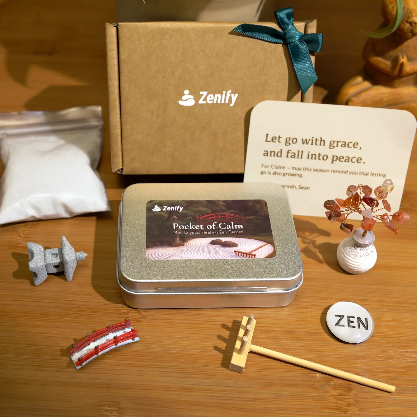 Personalized crystal zen garden kit with calming elements and Zen messages from Zenify.