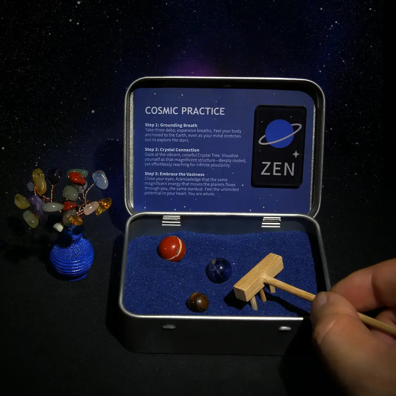 Zenify Cosmic Zen Crystal Garden with deep blue sand and crystal planets, showcasing mindful practice steps.