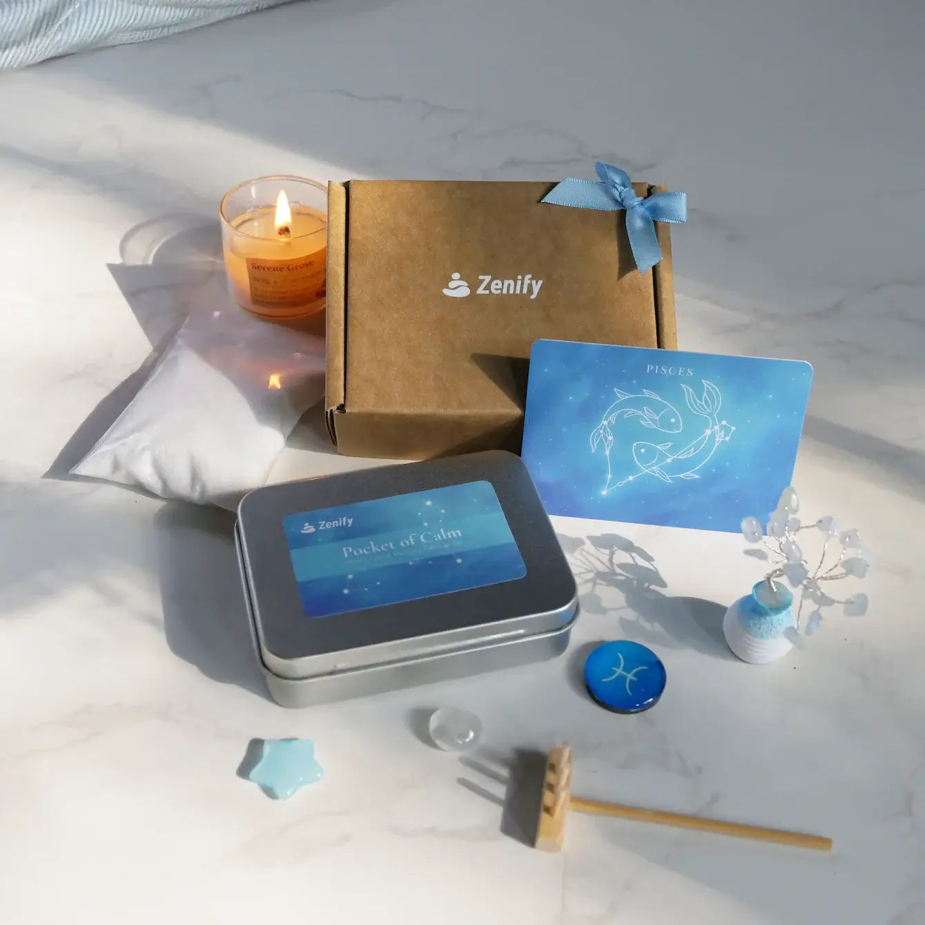 Pisces Crystal Zen Garden by Zenify with aquamarine crystal tree, blue aventurine star, and calming decor.