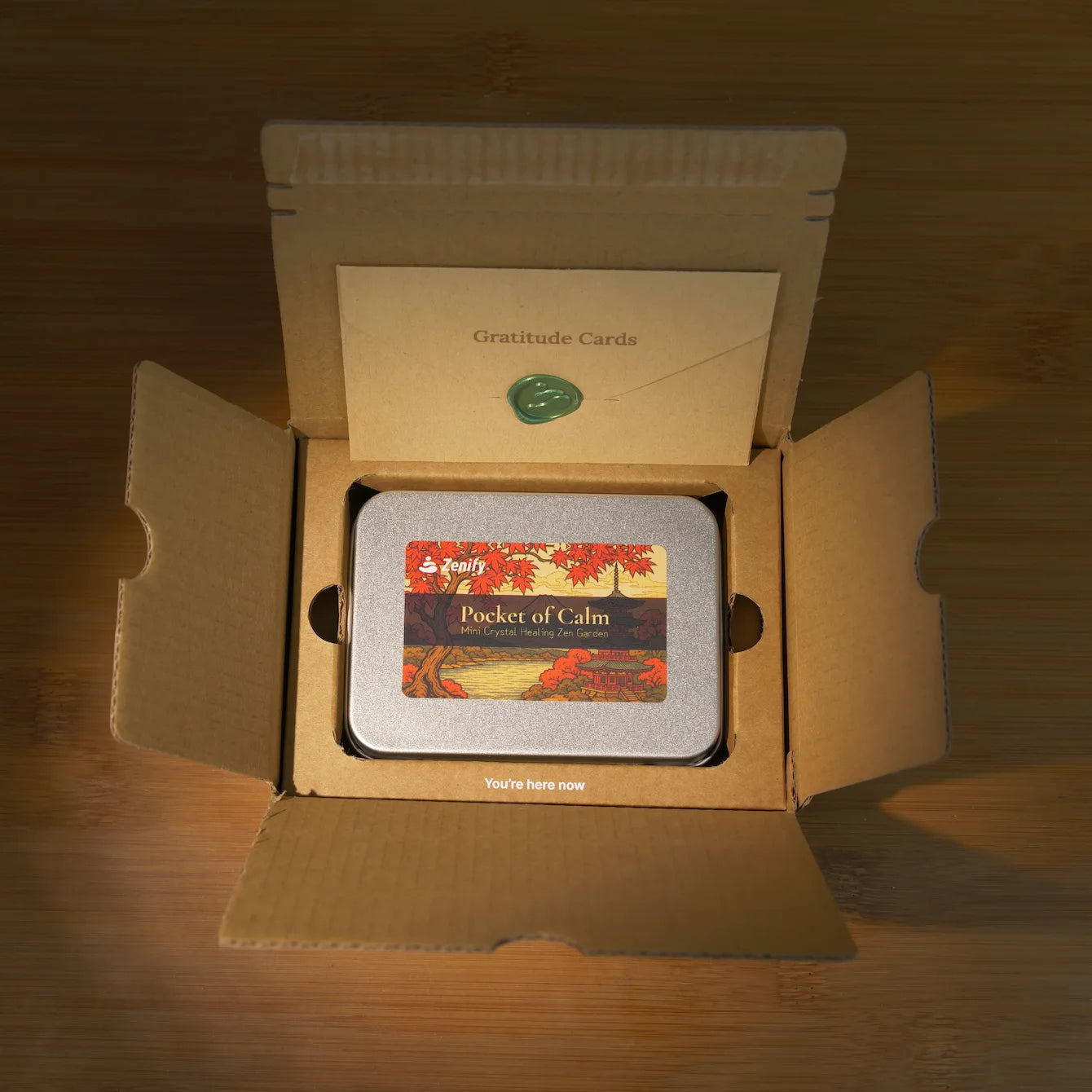 Red Leaf Zen Garden portable mini Zen garden kit in packaging with autumn maple artwork.