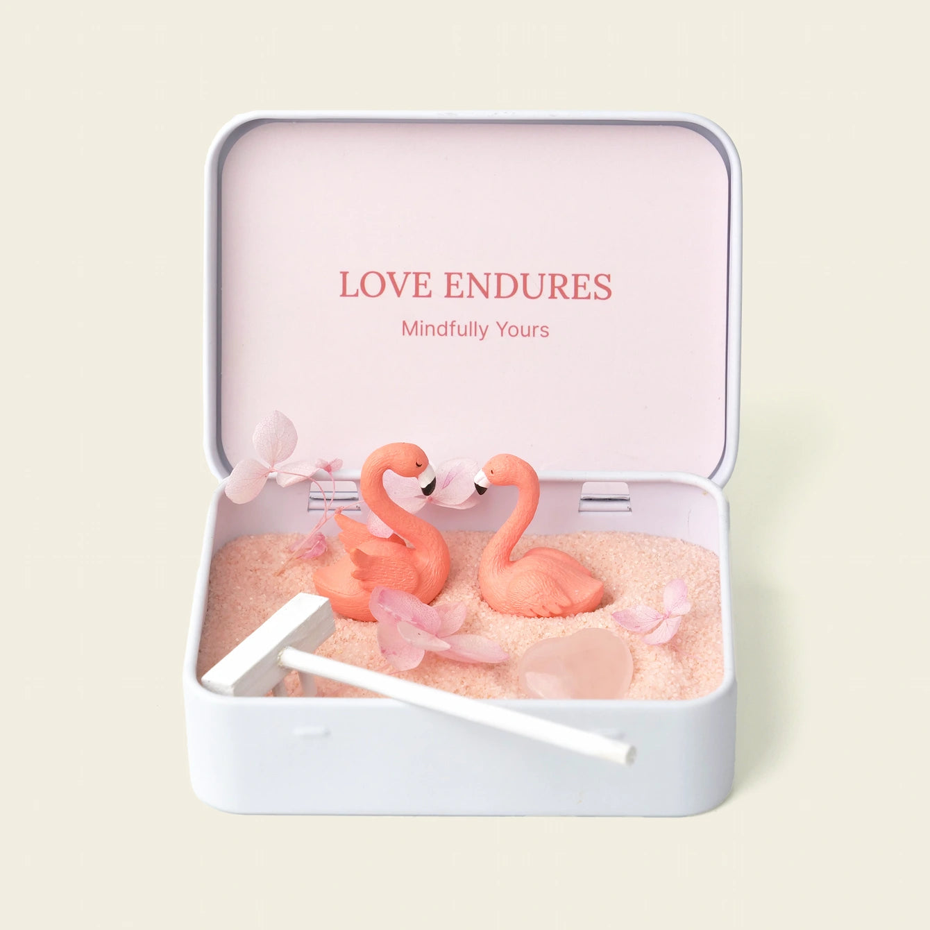 Love Endures Crystal Zen Garden featuring pink sand and flamingo figurines for mindfulness and stress relief.