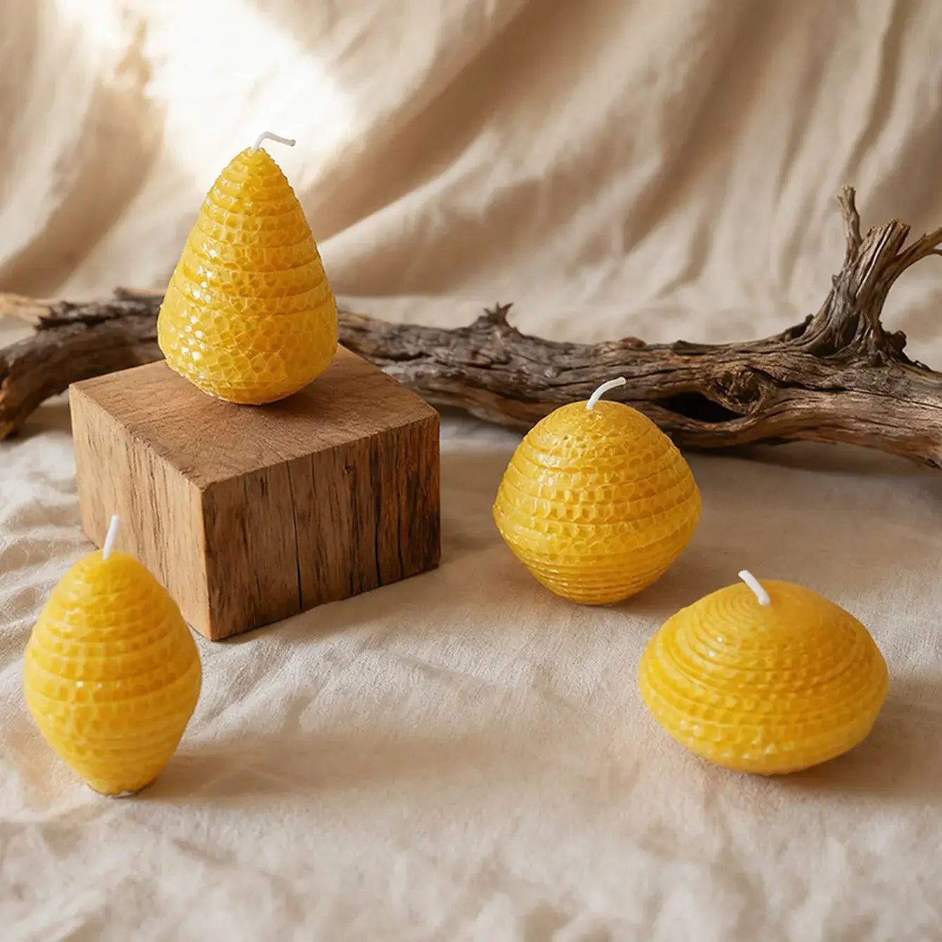 Natural Beeswax Candle set featuring minimalist geometric shapes and warm yellow honey aroma.