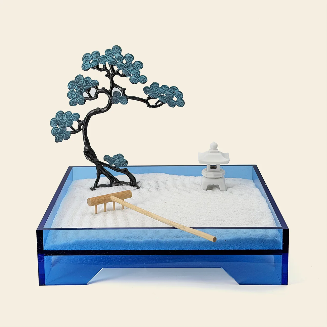 Complete Zen garden set with blue acrylic tray, copper pine tree, resin lantern, fine white sand and wooden rake